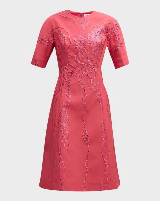 Elbow-Sleeve Metallic Jacquard Midi Dress